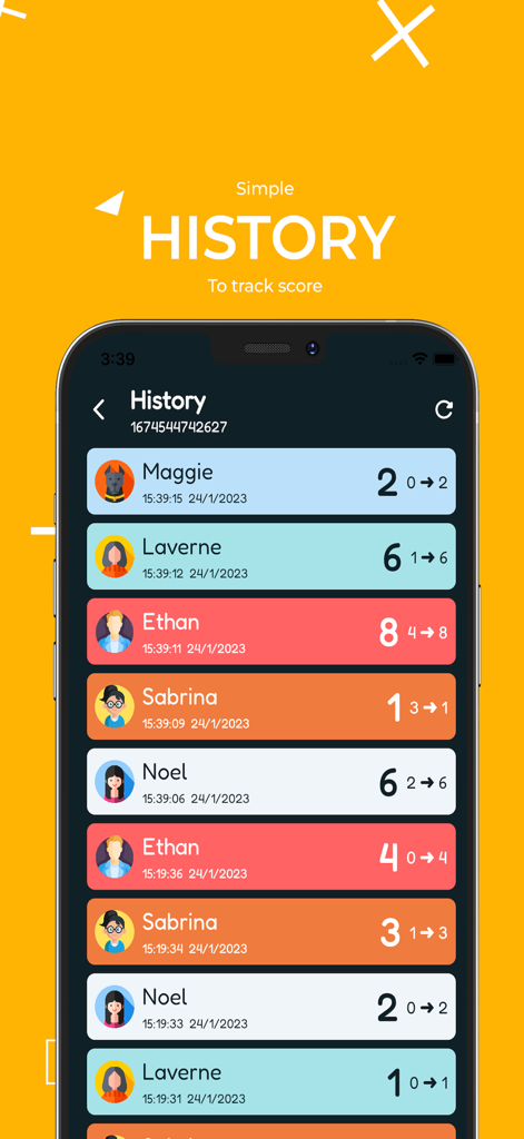 Interface of the Score Counter app showing a history log of points and timestamps for different players