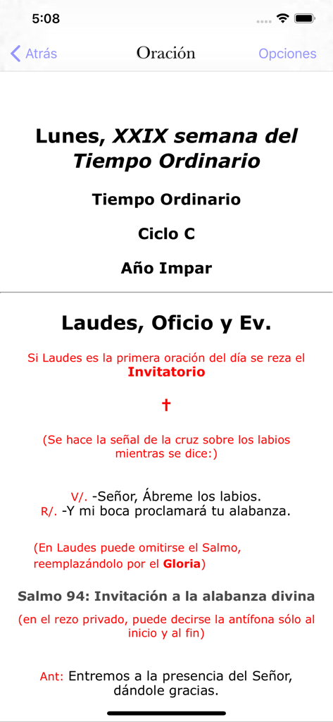 Salterio Pro - Salterio Pro mobile app interface displaying the Spanish Catholic Liturgy of the Hours for Morning Lauds