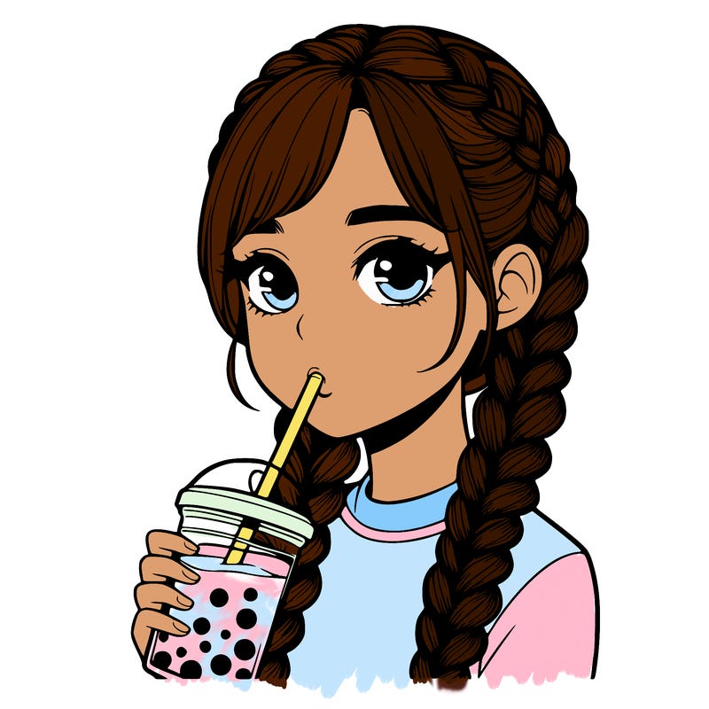 realistic girl with braided hair drinking boba