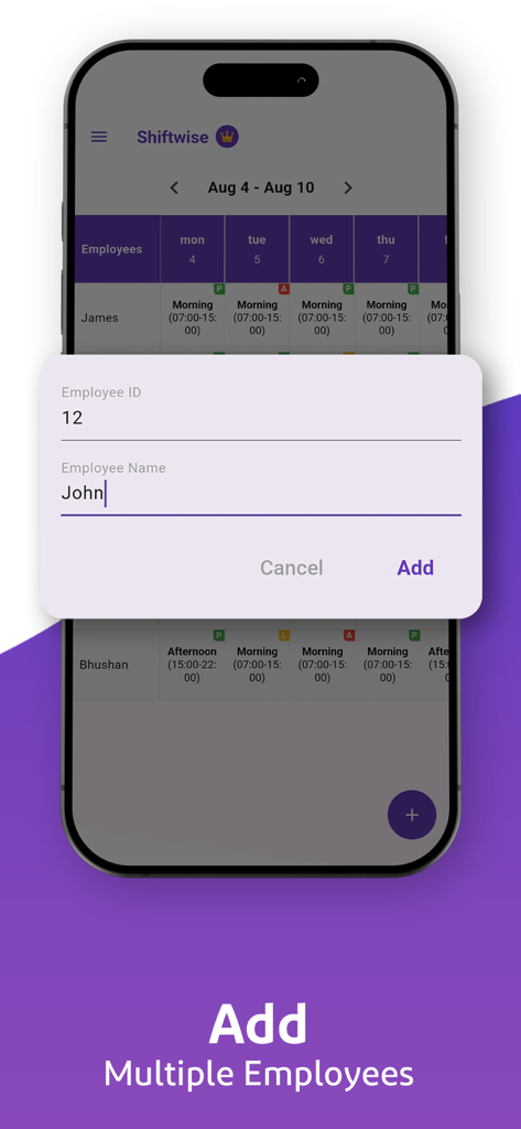 Interfaz de la aplicación Shiftwise que muestra la ventana emergente para agregar empleado en una lista de turnos