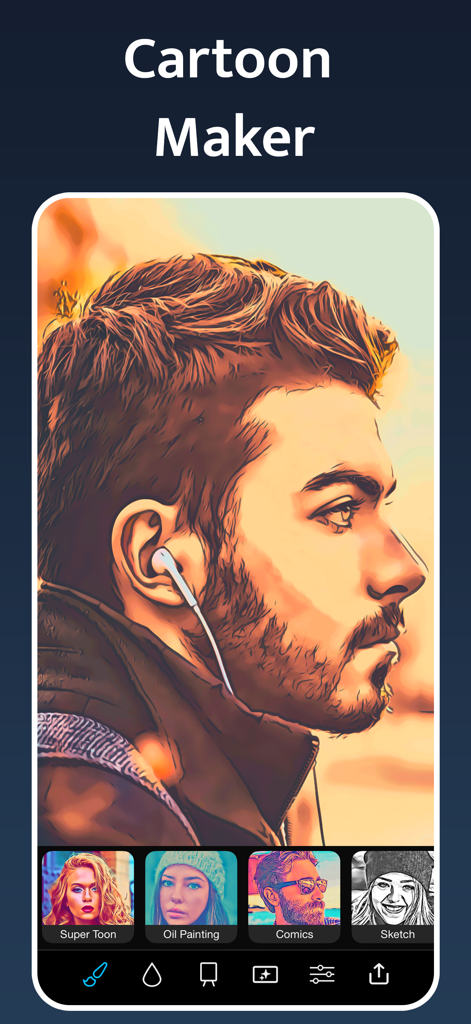 Un retrato transformado en arte cartoon usando los filtros de la aplicación Instant Toon