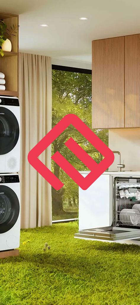 Elite - ee.ge - Elite app logo overlaid on a modern home interior with high end laundry and kitchen appliances