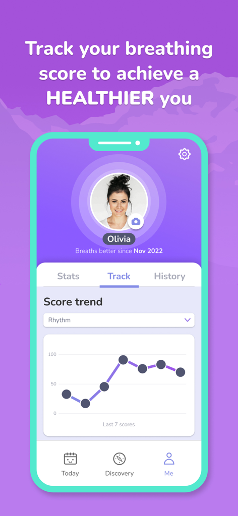 Airyn, the asthma app - Airlyn app user interface showing a progress chart for breathing score trends and personal health data.