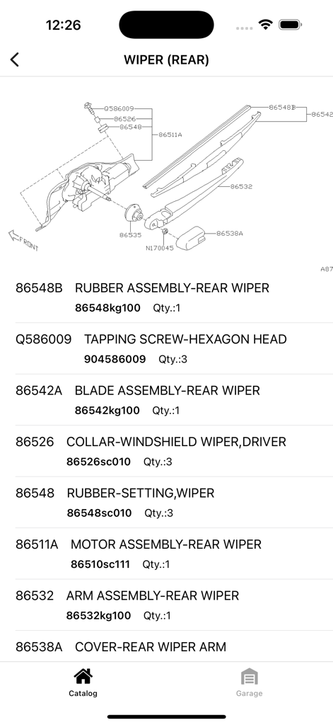 Technical exploded diagram and part list for a Subaru rear wiper assembly in the ETKA app.