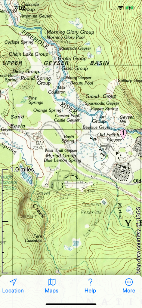 Topo Maps 2 - USGS topographical map showing Old Faithful Geyser area with detailed contour lines and trails