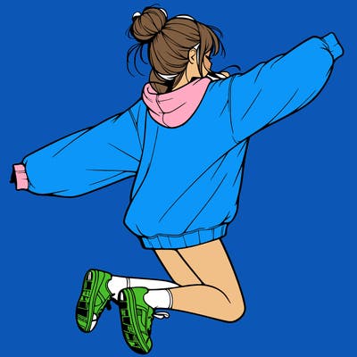 realistic girl jumping with a bun and oversized sweatshirt