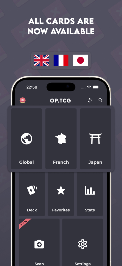 OP.TCG - OP.TCG mobile app interface showing Global French and Japanese card database selection