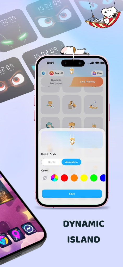 Color Widgets - Aesthetic Icon - かわいい柴犬のアニメーションとカラフルなテーマでダイナミックアイランドをカスタマイズするためのiPhone画面インターフェース。