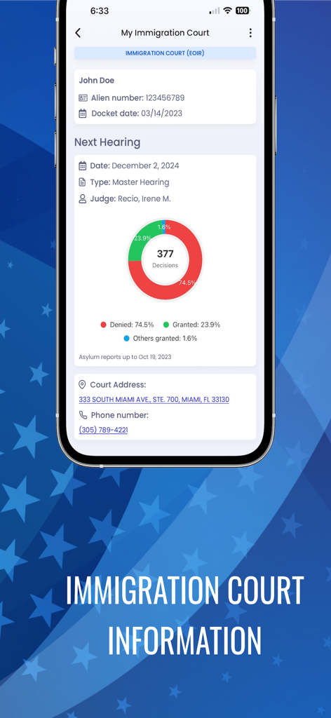 MigraConnect Case Tracker - MigraConnect mobile app interface showing immigration court hearing details and judge asylum grant and denial statistics