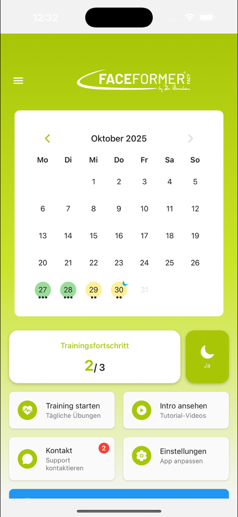 The FaceFormer app dashboard displaying a therapy training calendar and progress stats.