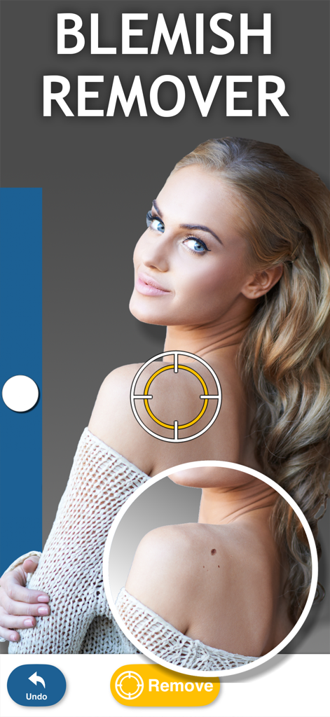 Capture d'écran de l'outil de suppression des imperfections dans l'application Body Editor Booth montrant une loupe sur une tache cutanée pour suppression.