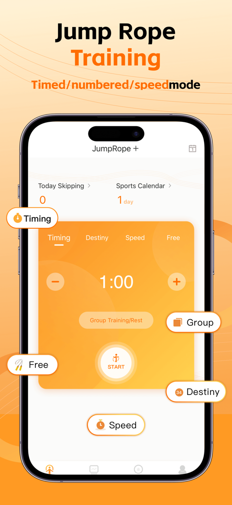 Jump Rope Counter - AI Counter - Smartphone interface of the Jump Rope Counter app showing various training modes including timing speed and free mode.