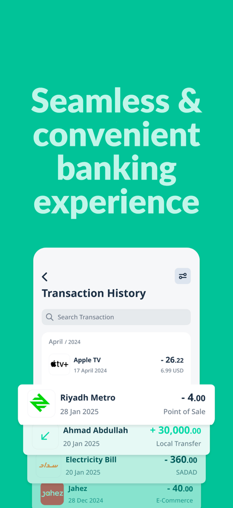D360 Bank app screen showing a seamless transaction history and recent digital payments