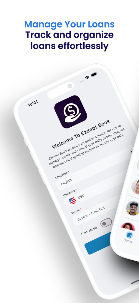 Pantalla de incorporación de EzDebt Book mostrando la configuración de gestión de préstamos con opciones de moneda y modo oscuro