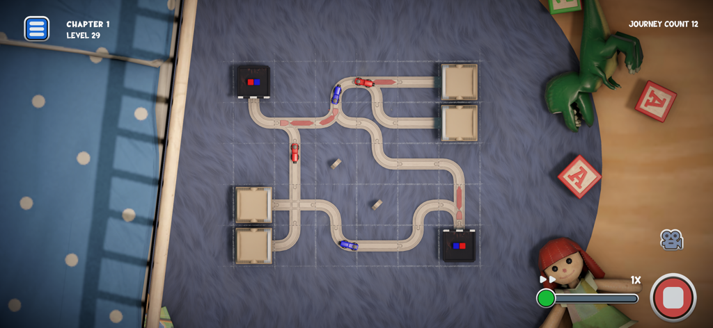 Teeny Tiny Trains - Gameplay di Teeny Tiny Trains che mostra binari in legno e trenini giocattolo su un tappeto della camera da letto