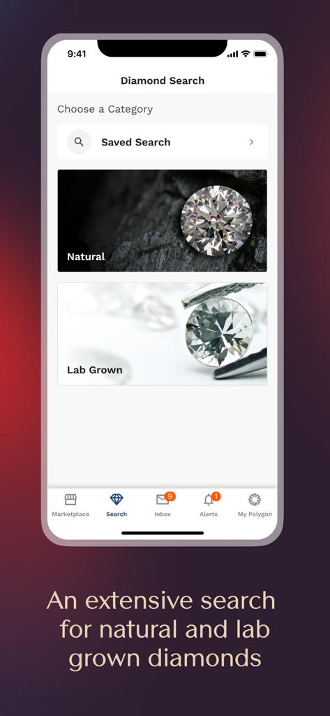 Polygon Jewelers - Polygon Jewelers app interface for searching natural and lab grown diamonds