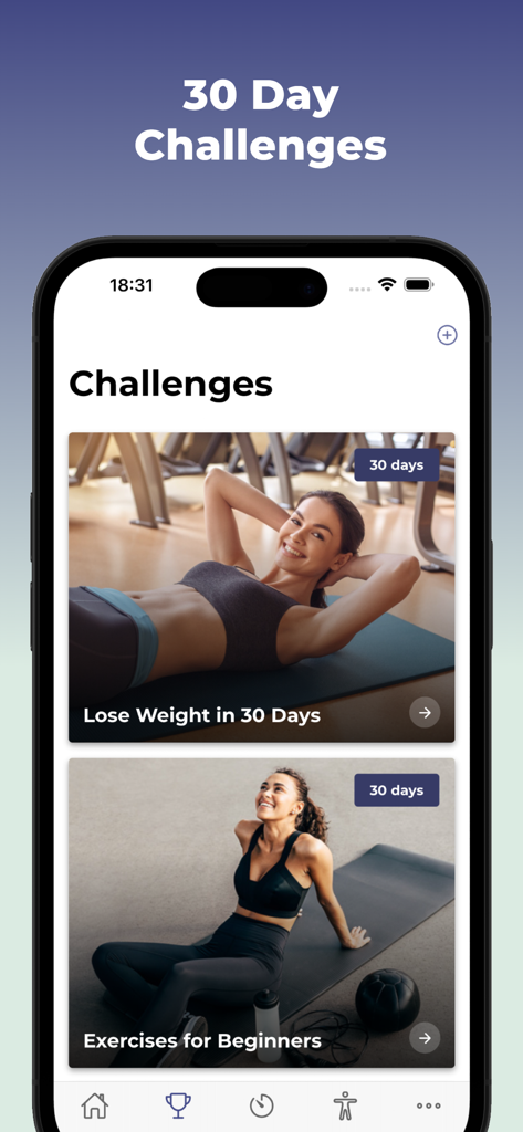 30 Day Weight Loss Challenge - Mobile App-Oberfläche, die Fitness-Challenges anzeigt, darunter 'In 30 Tagen abnehmen' und Übungen für Anfänger.