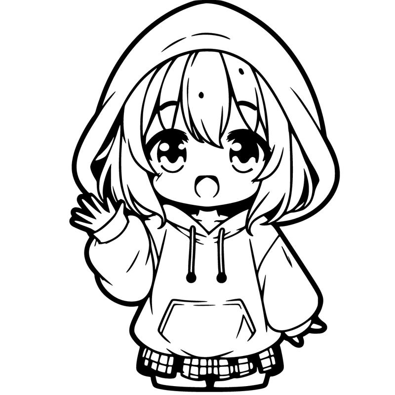 a anime girl saying hi. and is wearing a oversized hoodie with strings