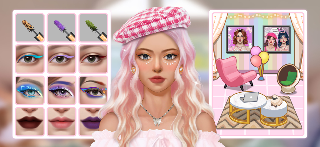 A pink haired model in a makeup salon game with various options for eye shadow eyeliner and lipstick