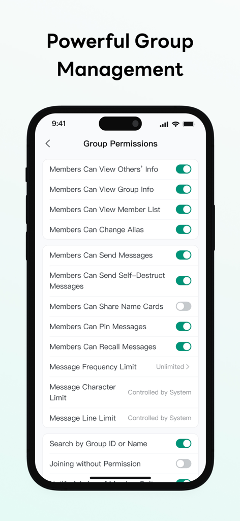 BonChat - BonChatアプリインターフェース。スマートフォンでの詳細なグループ権限設定が表示されています。