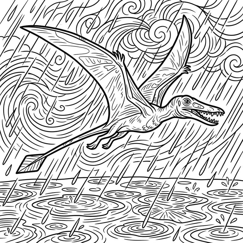 Witness the ancient Rhamphorhynchus pterosaur gracefully navigating a downpour in this dynamic coloring page. Perfect for a cozy rainy day activity, dive into the prehistoric world.