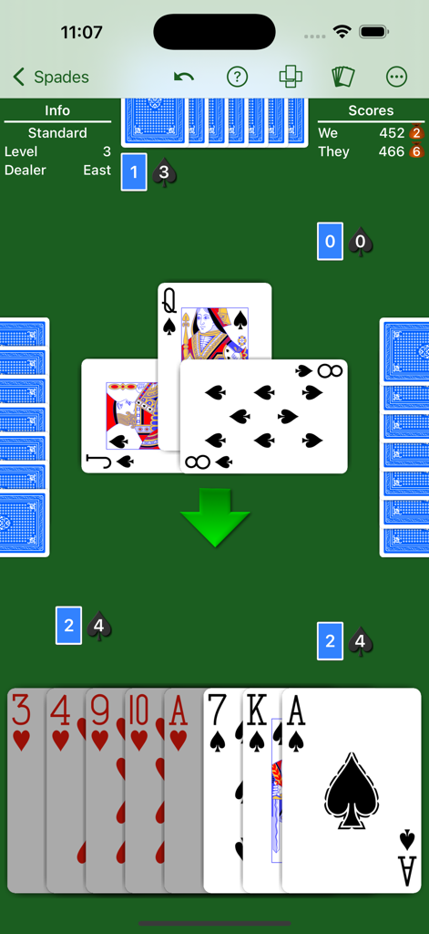 Spades - Expert AI - Mobile card game interface for Spades Expert AI showing a strategic hand in progress on a green felt table.