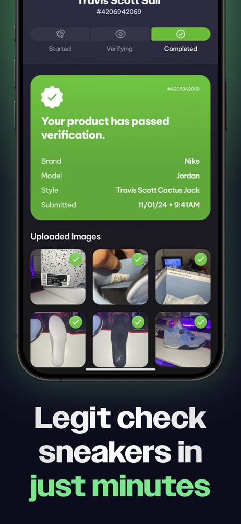 SwiftSole - Sneaker Releases - Legit check result in the SwiftSole app showing a pair of Nike Jordan sneakers passed verification