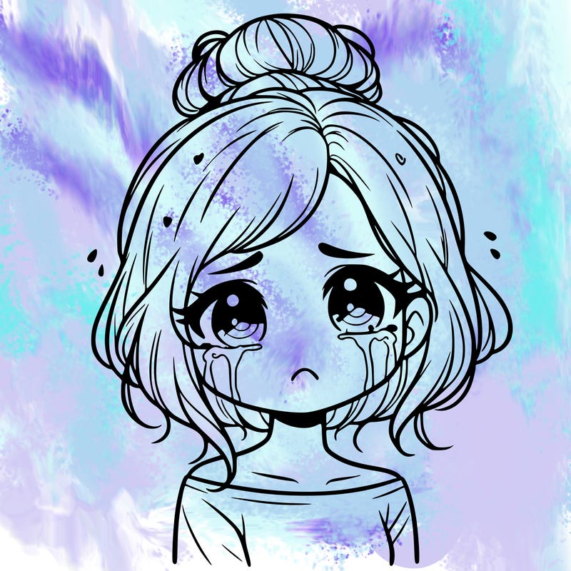 a beautiful crying girl with short hair in a tiny messy bun and looks emotionless