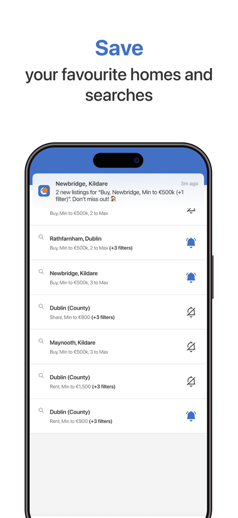 Daft.ie - Interfaz de la app móvil Daft.ie mostrando una lista de búsquedas de propiedades guardadas y notificaciones de anuncios en un iPhone