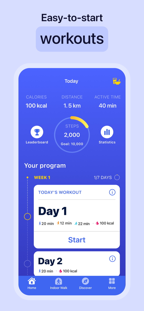 User interface of Weight Loss Walking app showing daily step goals and interval training plan
