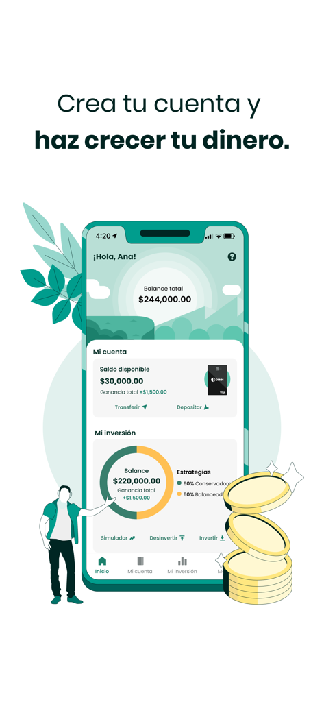 DINN: Invierte fácil - Pantalla de la aplicación móvil que muestra el panel de inversiones de DINN con el saldo de la cuenta y el desglose de la estrategia de inversión