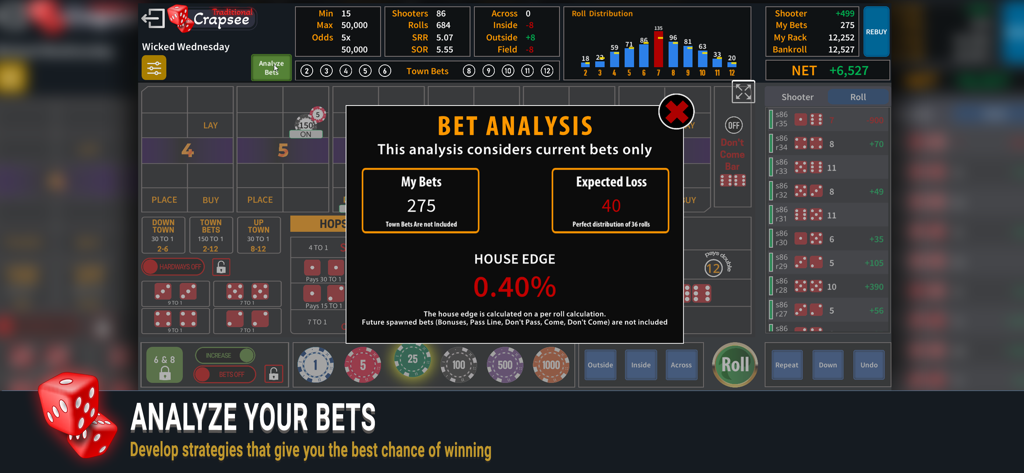 Crapsee - Crapsee App-Oberfläche, die ein Popup zur Wettanalyse mit Hausvorteil und erwarteten Verluststatistiken für Craps-Strategie zeigt