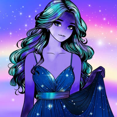 realistic girl in flowy silky prom dress