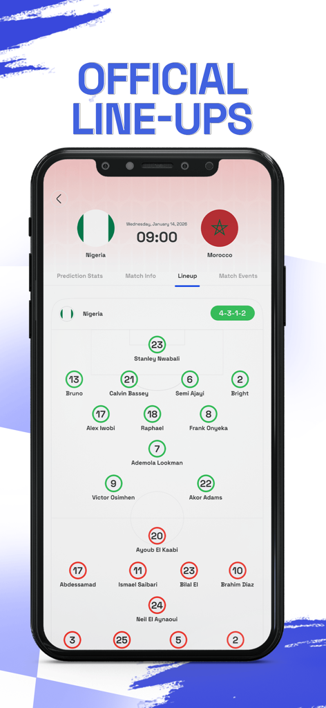 Écran de composition officielle du match de football montrant le positionnement tactique des joueurs pour Nigeria vs Maroc