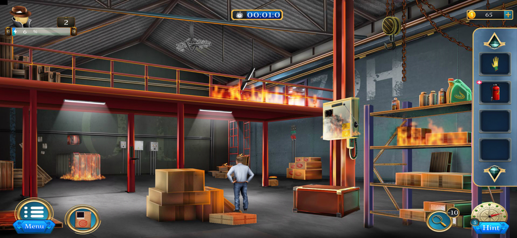 Room Escape: Detective Phantom - Detective character investigating a burning warehouse crime scene in Room Escape Detective Phantom