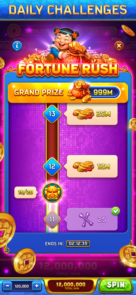 Dancing Drums Slots Casino - Dancing Drums Slots app daily challenges screen featuring the Fortune Rush event rewards and grand prize