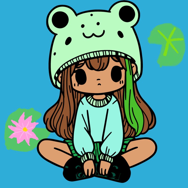 a girl wearing a frog hat and some frog socks