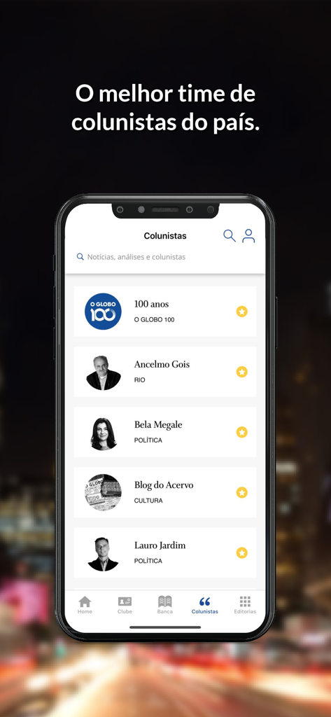 The columnists screen of the O Globo mobile app showing a list of famous Brazilian journalists and commentators.