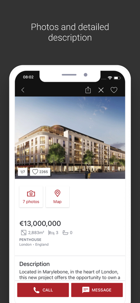 Luxury penthouse listing in London on the LuxuryEstate app showing price and detailed property description