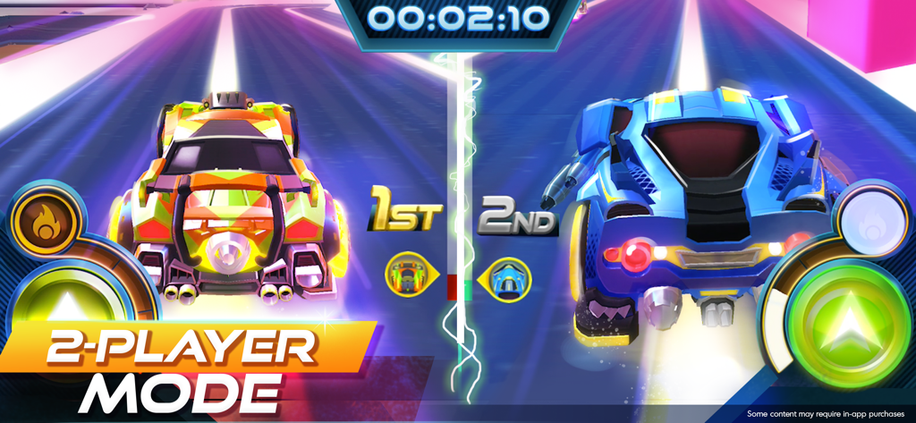 Split-screen gameplay showing two neon cars racing in 2-player mode on a light-powered track