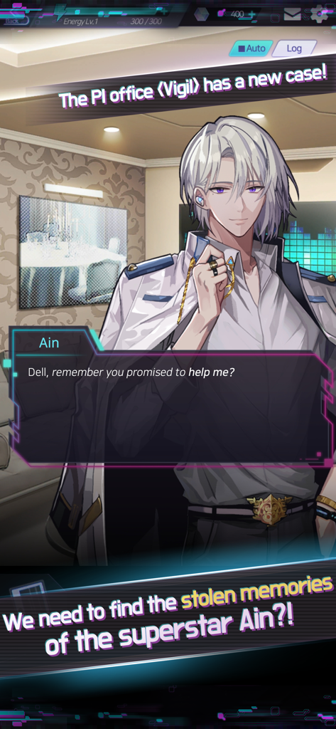 Mayday Memory: CHOICE SF Otome - Character Ain from Mayday Memory asking for help in a PI office dialogue scene