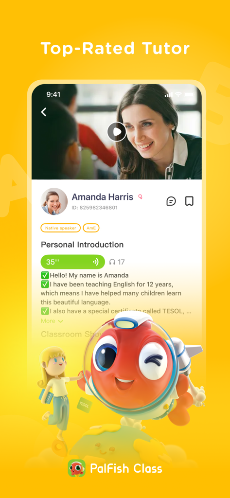 A screenshot of the PalFish Class app showing a top rated certified native English tutor profile with teaching experience and intro video.