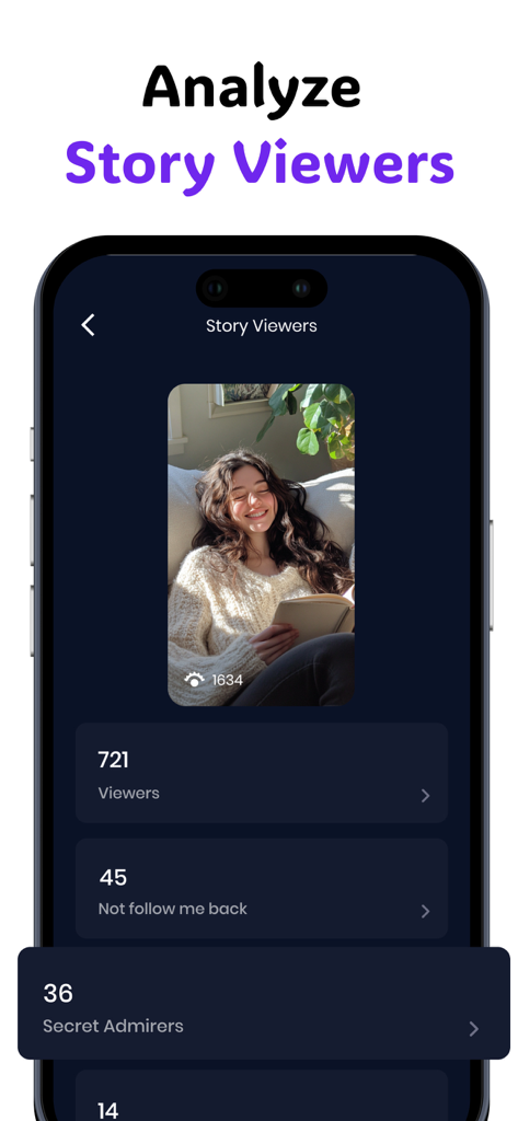 Profile Tracker:Who Unfollowed - Interface of the Profile Tracker app displaying analytics for Instagram story viewers including secret admirers and follower stats.