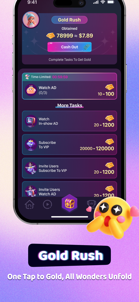 BonusTV - Mobile screen showing the BonusTV Gold Rush interface with tasks to earn rewards by watching ads and inviting friends
