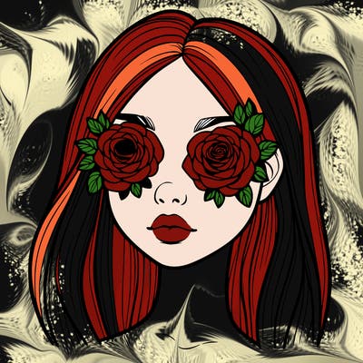 a realistic girl with roses for eyes