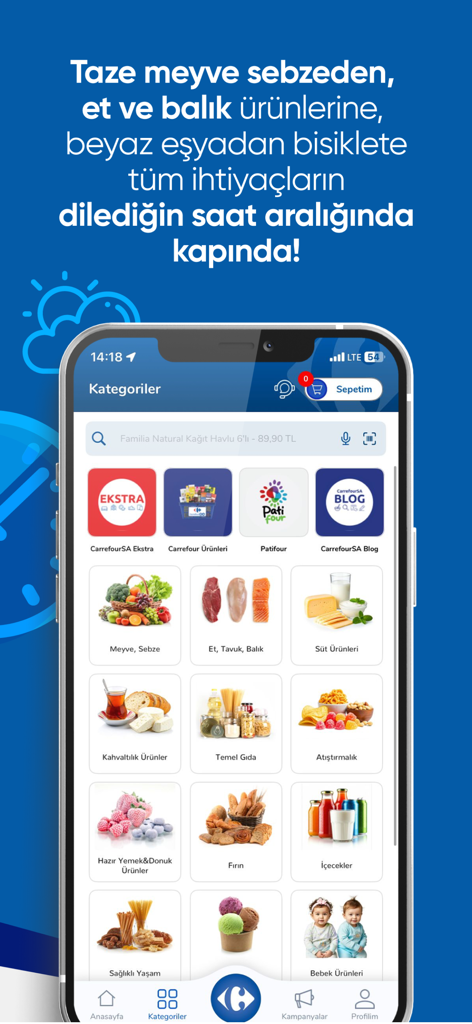 CarrefourSA Online Alışveriş - CarrefourSA mobile app category screen showing grocery items like fruits vegetables and meats
