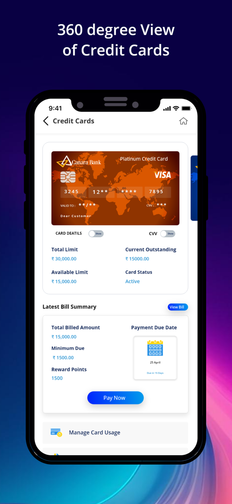 Canara ai1 app screen showing a 360 degree view of credit card details and bill summary
