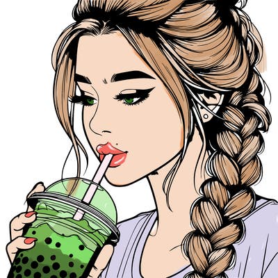 realistic girl drinking boba tea with braided hair
