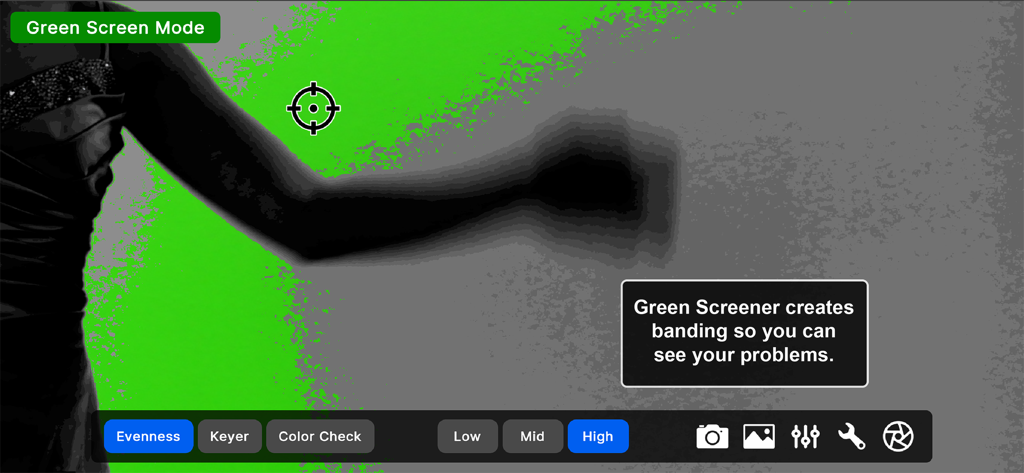 Green Screener - 不均一なグリーンバック照明を特定するためにバンディング可視化を示すGreen Screenerアプリのインターフェース。