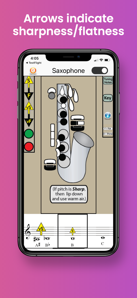 Saxophone Fingering & Tuning - Interfaz de la aplicación de tabla de digitación de saxofón con flechas que indican agudeza y gravedad para notas musicales